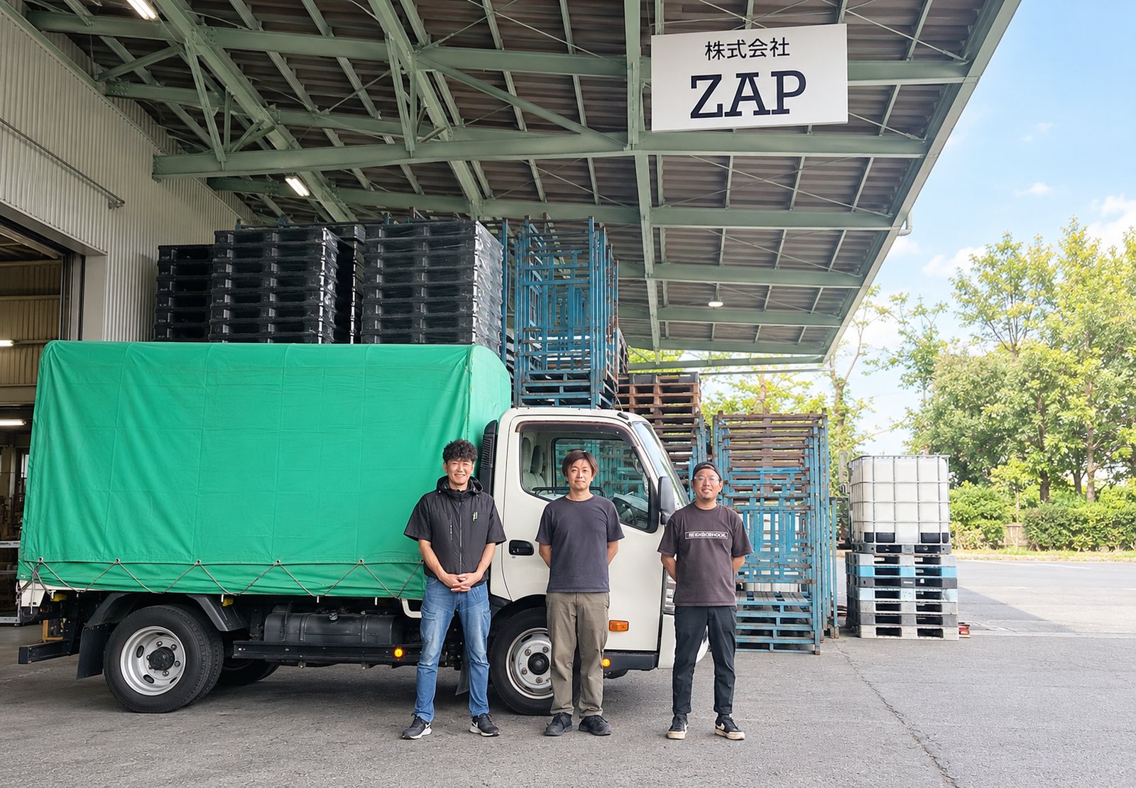 株式会社ZAPの看板が掲げられた倉庫の前に立つスタッフ